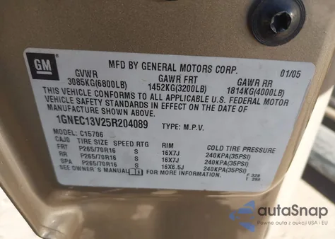 2005 Chevrolet Tahoe C1500 z USA, uszkodzony, nr VIN 1GNEC13V25R204089